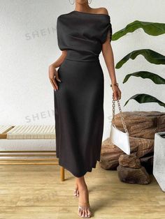 SHEIN Privé Solid Color Asymmetric Neckline With Drawstring Waist Dress | SHEIN USA Simple Modern Dresses, Dress Night Party Elegant Simple, Formal Attire Women Classy The Dress, Dress Classy Evening, Elegant Informal Dresses, Long Formal Dress Classy, Formal Dresses For Women Events, Party Dresses For Women Formal, Mid Length Dresses Formal Chic