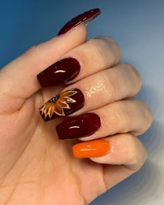 Finger Nail Designs For Fall, Autumn Sunflower Nails, Sunflower Nails Fall, Fall Sunflower Nails Design, Unique Fall Nail Designs, Gel Nail Designs Autumn, Red Fall Nails Acrylic, Fall Floral Nail Designs, Autumn Nails Colors Orange