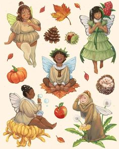 an image of some fairy characters in the fall and thanksgiving season with pumpkins, apples, acorns, leaves