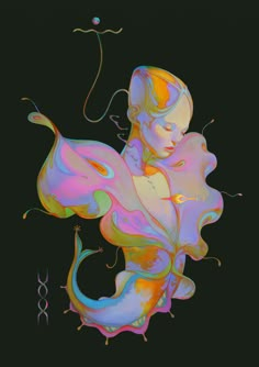 an abstract painting of a woman's body with multiple colored shapes on black background