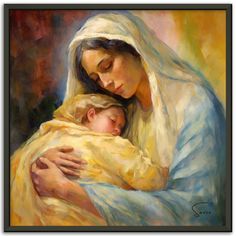 a painting of a woman holding a baby wrapped in a blanket and wearing a yellow shawl