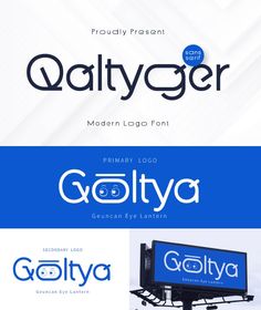 three different font styles for logos, including one that is blue and the other white