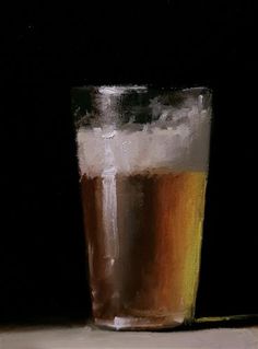 an oil painting of a glass of beer on a black background with white and yellow highlights