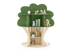 a green tree shelf with books and toys on it's sides in front of a white background