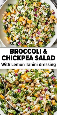 broccoli and chickpea salad Chickpea And Tahini Recipe, Chickpea Meals Healthy, Chopped Salad Vegetarian, Healthy Chickpea Pasta Salad, Broccoli Salad With Chickpeas, Broccoli Salad With Tahini Dressing, Chickpea Salad With Tahini Dressing, Chopped Salad No Lettuce, Split Pea Salad Recipes