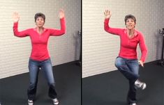 a woman in red shirt and jeans standing on one leg with her hands up to the side