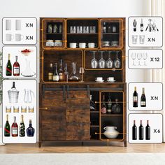 a cabinet with wine bottles and glasses on it