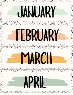 three months of the year with different font styles and colors on each one, including orange, yellow, green, blue, and pink