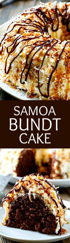 a chocolate bundt cake on a plate with the words samoa bundt cake