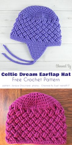 a crocheted hat with the text, celtic dream ear flap hat free crochet pattern