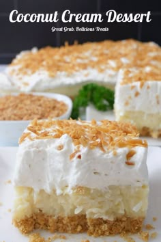 coconut cream dessert is shown on a plate