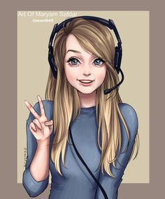 a cartoon girl with headphones on giving the peace sign