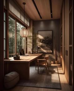 a large wooden table sitting in the middle of a living room next to a window