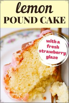 a close up of a piece of cake on a plate with the words lemon pound cake