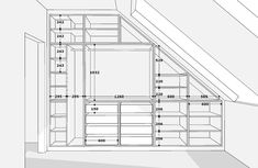 a drawing of an attic with shelves and cupboards in the bottom half, along with measurements