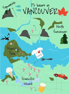 an illustrated map shows the locations of vancouver and other places to go on vacation in canada