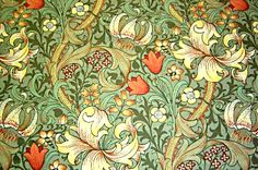 an intricately designed wallpaper with red and yellow flowers on green background, possibly from the 17th century