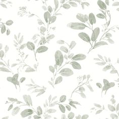 a white wallpaper with green leaves on it