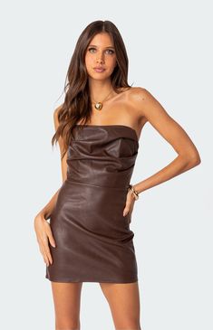 This faux leather mini dress is the perfect choice for a night out with the girls. It's bodycon fit will ensure you feel secure while you dance all night.Mini dressBust drapingStrapless fitFaux LeatherModel wears size SModel height is 5'7Item care: Hand wash Edikted Womens Draped Faux Leather Mini Dress - Brown size Medium Short Brown Dress, Faux Leather Mini Dress, Dance All Night, Brown Leather Dress, Zara Leather, Leather Mini Dress, Popular Dresses, Basic Dress, Hoco Dresses