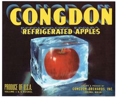 an apple is in the ice cube with words on it that read, confection refrigated apples