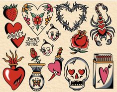 an assortment of tattoos on paper with hearts, flowers and other things in the background