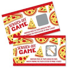 two red and white business cards with pizza slices on them, one is for scratch - off game