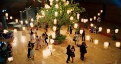 a large group of people standing on top of a wooden floor next to a tree