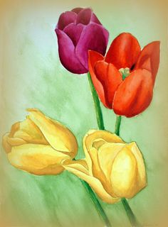 three different colored tulips are on a green and yellow background in this painting