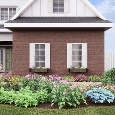 a house with flowers and plants in the front yard