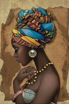 a painting of a woman with an african headdress and jewelry on her neck