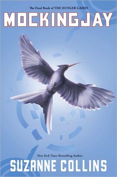 the cover of mocking jay by suzanne collins, with a bird flying over it