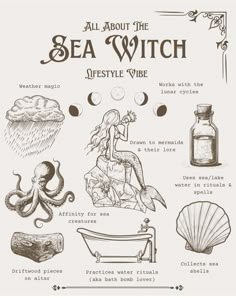 an old fashioned poster with the words all about the sea witch and other things in it