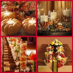 a collage of photos with pumpkins and candles