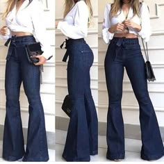 Babysbule Clearance Womens Jeans Fashion Ladys High Waisted Lacing Stretch Wide Leg Jeans Bell-Bottomed Pants - Walmart.com Vestiti In Jeans, Wide Leg Pants Jeans, Elastic Waist Jeans, Flare Denim Jeans, 90's Fashion, Boyfriend Jean, Denim Collection, Bell Bottom Pants, High Waisted Jeans