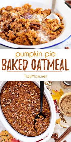 pumpkin pie baked oatmeal in a casserole dish with pecans