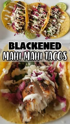 two tacos with meat and vegetables on them, one is blacked and the other has white sauce