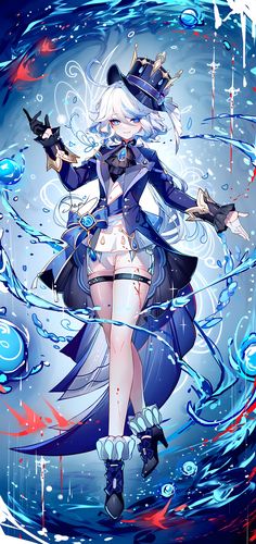 an anime character with white hair and blue eyes, wearing a long coat and boots