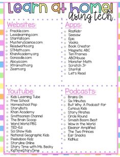 the printable list for learning at home