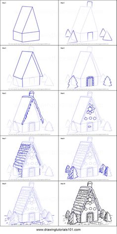 the steps to draw a house with different angles and shapes, including roofing options