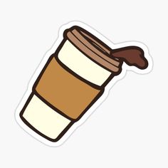 a sticker with a coffee cup on it's side and the top half covered in chocolate