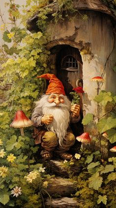 a painting of a gnome sitting in front of a mushroom house