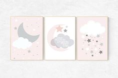 three pink and gray wall art prints with stars, clouds and the words love you to the moon