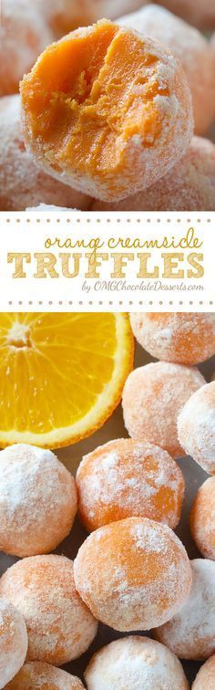 orange creamsiced truffles with powdered sugar and an orange slice on top