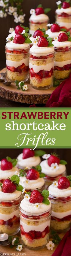 strawberry shortcake trifles with whipped cream and fresh strawberries