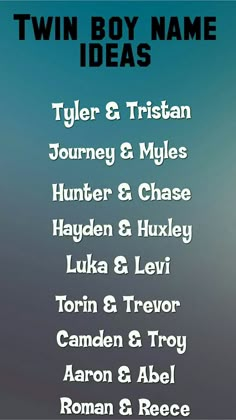 the twin boy name ideas poster is shown in black and white, with blue background