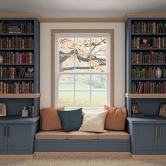 a window seat with bookshelves and pillows in front of the windowsills