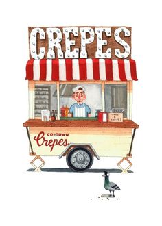 a watercolor painting of a food truck with a man behind it and the words crepes written on top