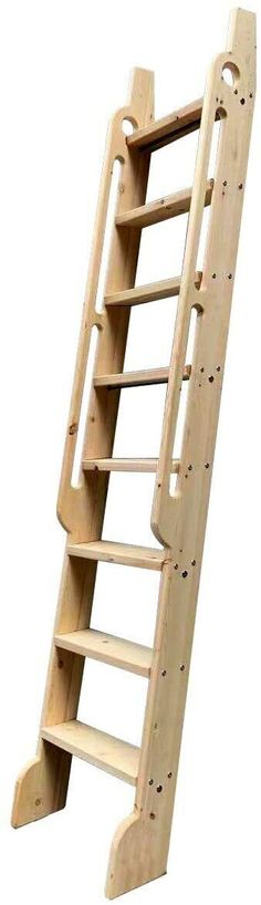 a wooden ladder that is leaning up against a white wall with holes in the bottom