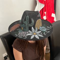 Custom Handpainted Black Felt Hat, Hand Painted Brim, Size 7 Hat. Would Look Cute For A Concert, Never Worn!! Cactus, Flowers, Arrow, Feather Prints. Painted Hats For Women, Rancher Hat, Painted Hats, Feather Print, Black Felt, Felt Hat, Custom Hats, Hat Sizes, Hats For Women