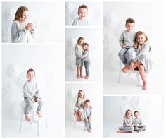 a collage of photos of two children sitting on a chair with their arms around each other